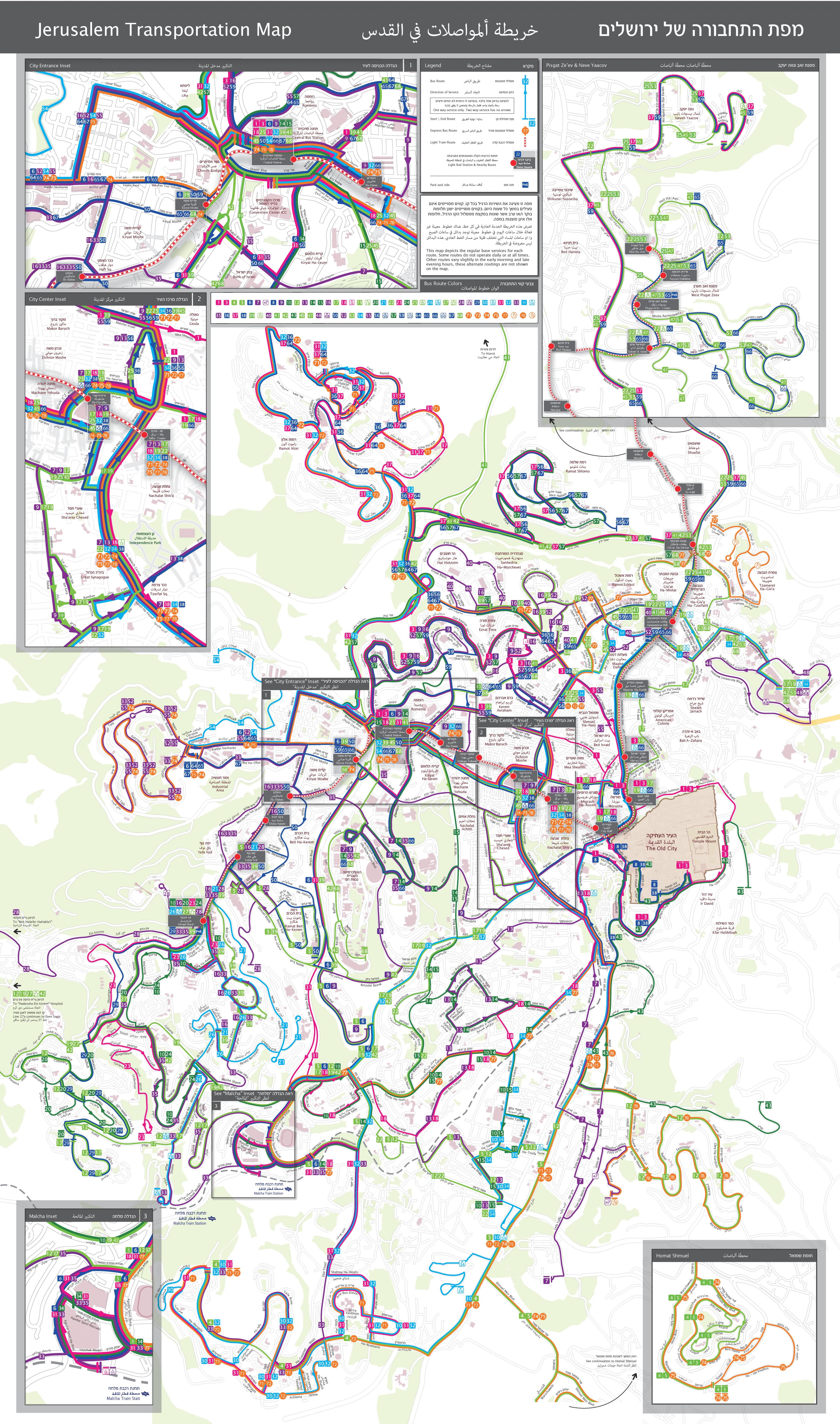 Карта иерусалимского автобуса: автобусные маршруты и автобусные станции  Иерусалима